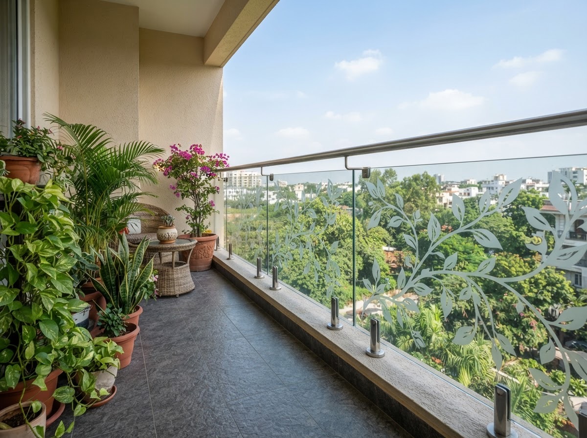 Balcony: Toughened glass railing with etched leaves