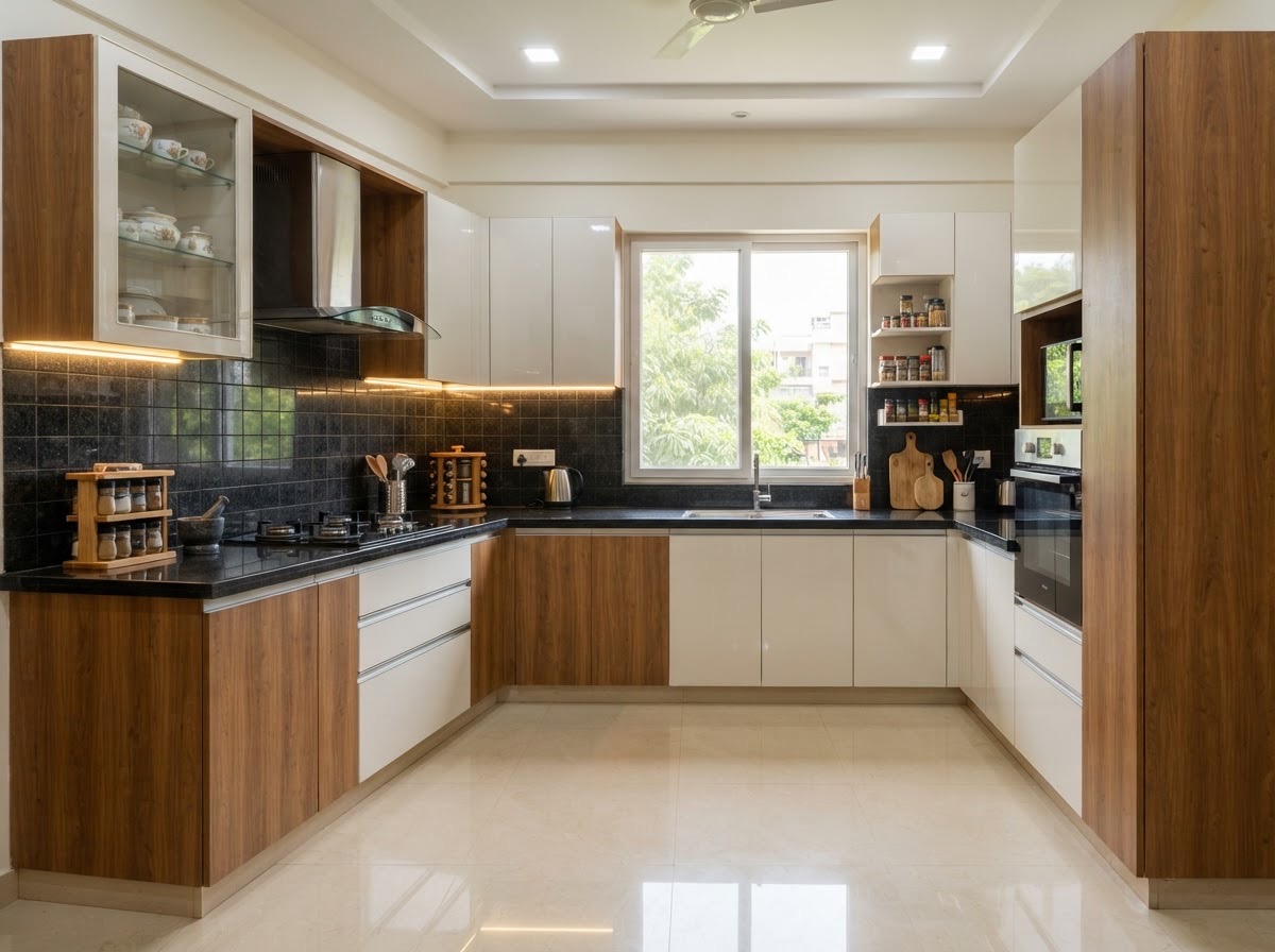 Kitchen: L-shaped modular kitchen in teak and white, black granite top, tall pantry and warm under-cabinet lights