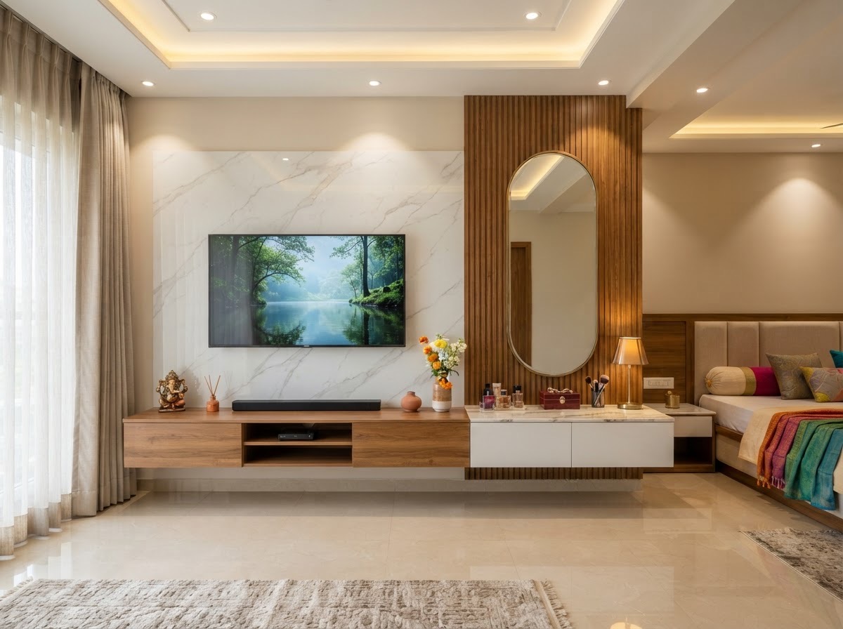 Bedroom TV & Dresser: Floating TV console on a marble-look wall, with an oval mirror set into a fluted wood panel