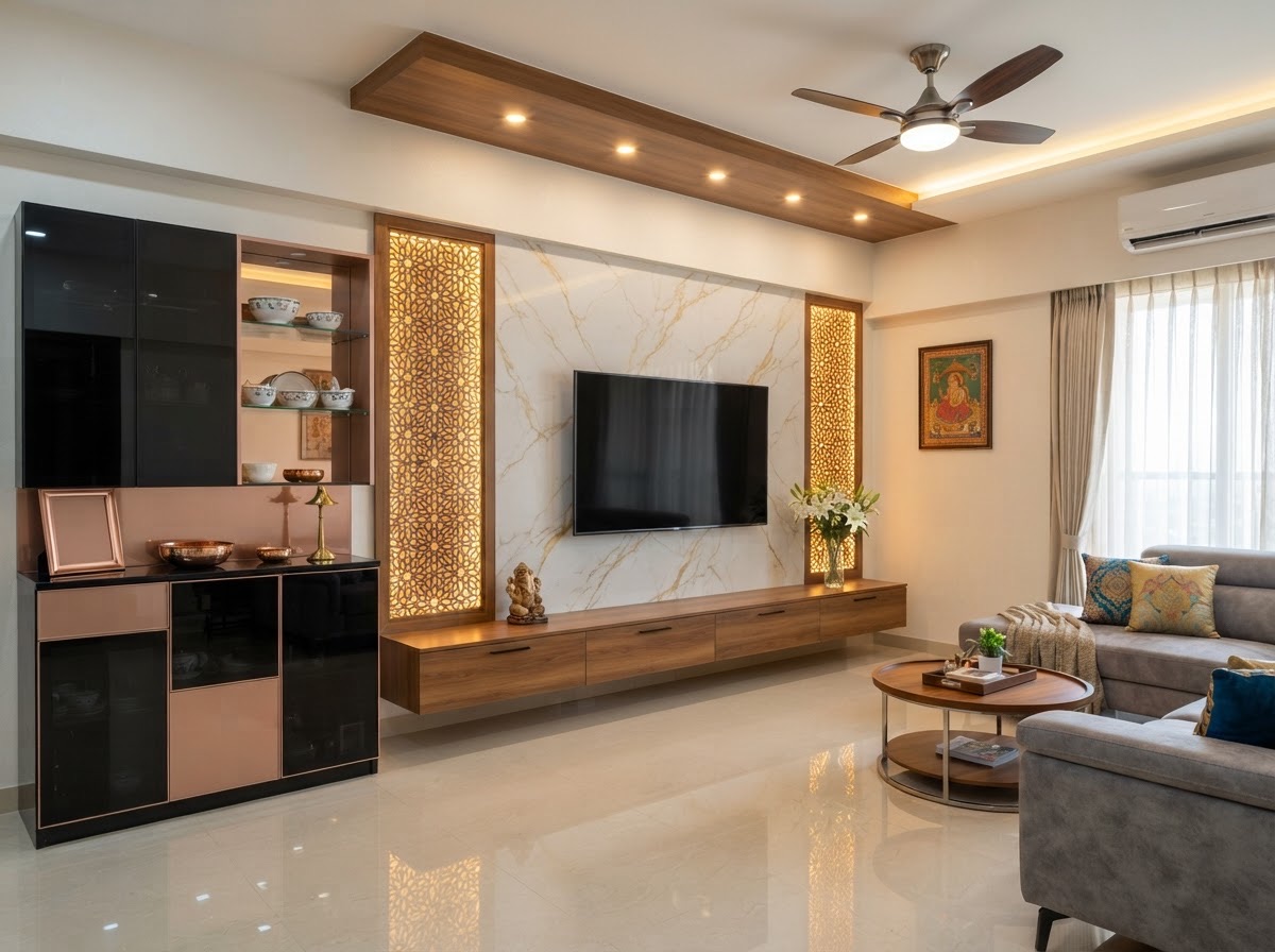 Living room with backlit jali TV wall, marble-look panel, teak ceiling beam and crockery unit