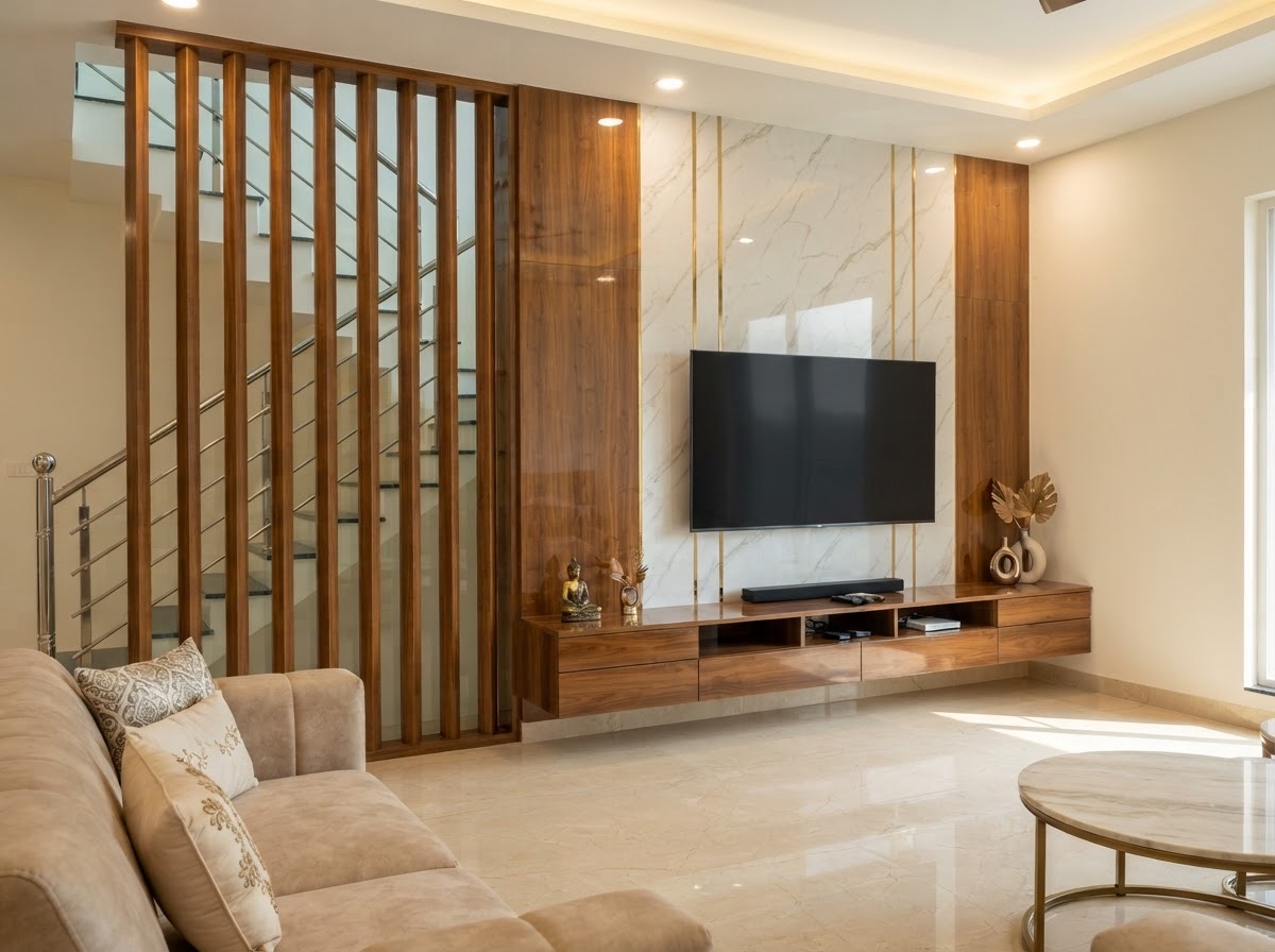 Family Lounge: Teak louvres screen the staircase, beside a TV wall of marble-look panels with gold strips