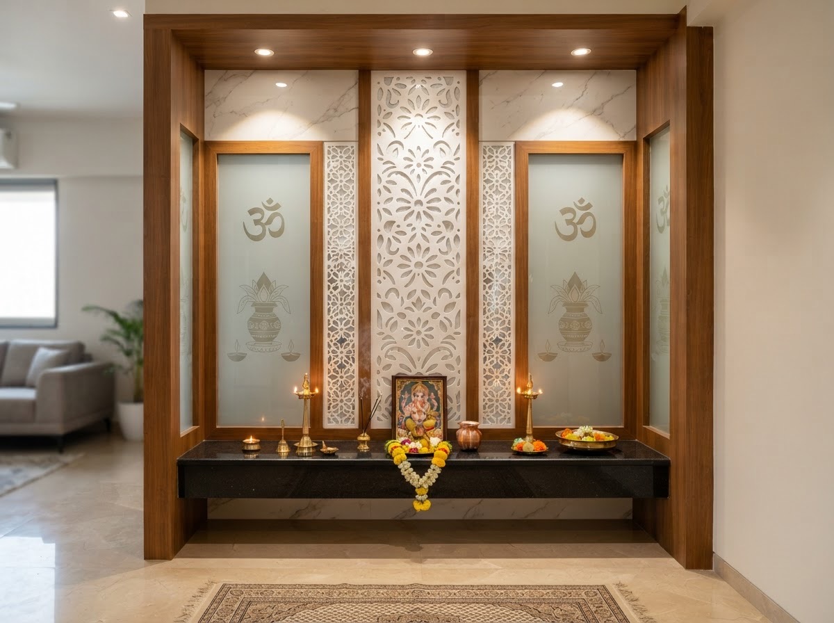 Pooja Room: A teak frame with etched Om and kalash glass, a white jali screen and a granite shelf for the lamps