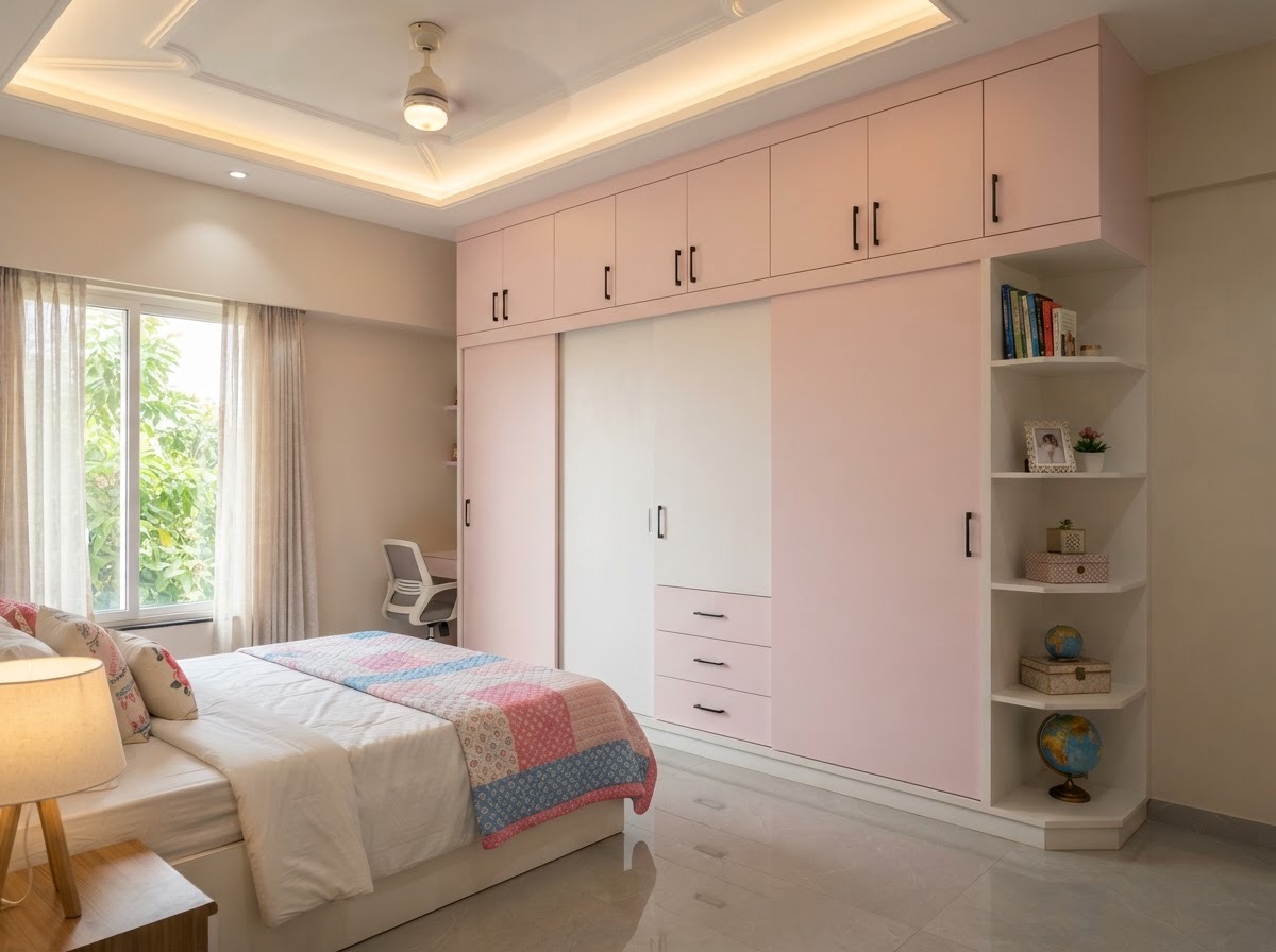 Kids' Room: Soft pink and white wardrobe with lofts, drawers and open corner shelves for books and toys